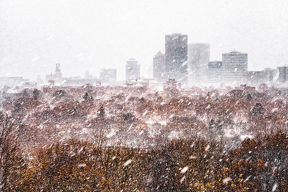 20171216-JAH07472: A blusterly Rochester NY skyline viewed from Cobbs Hill Reservoir.