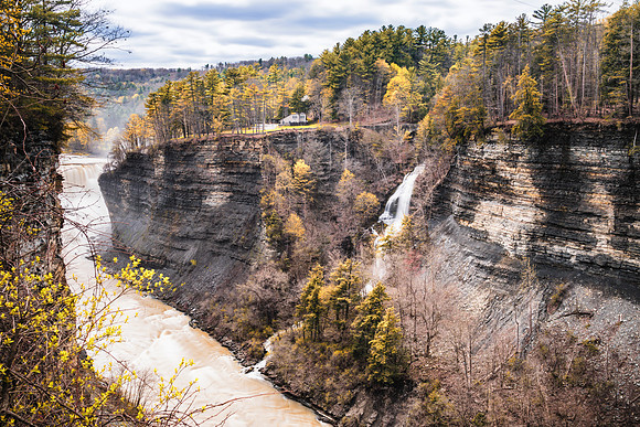 20170422-JAH02215: Deh-ga-ya-soh on the right with Middle Falls to the left in Letchworth State Park