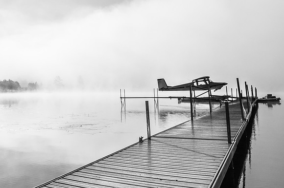 20150823-DSC8436: A sea-plane waits patiently in the morning fog at Moffitt Beach, Speculator NY.