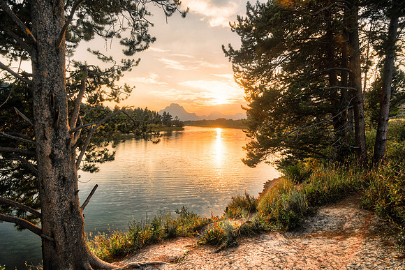 20180908-JAH0247: Sunset through the trees on the Snake River at Oxbow Bend, Grand Teton.