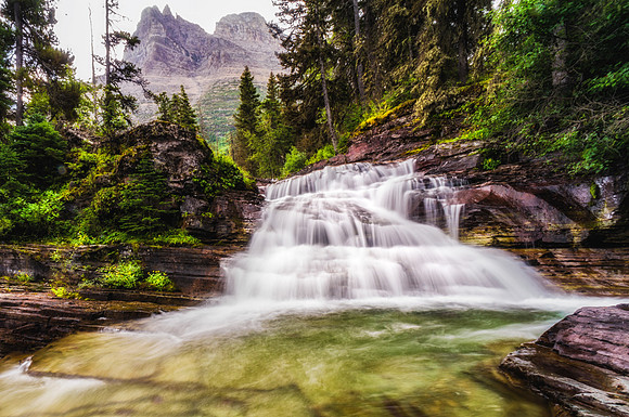 20140901-DSC4233: A cascade with Little Chief Mtn in Glacier National Park, Montana.
