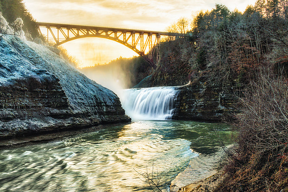 20190104-JAH06198: Upper Falls at sunset in Letchworth State Park, NY.