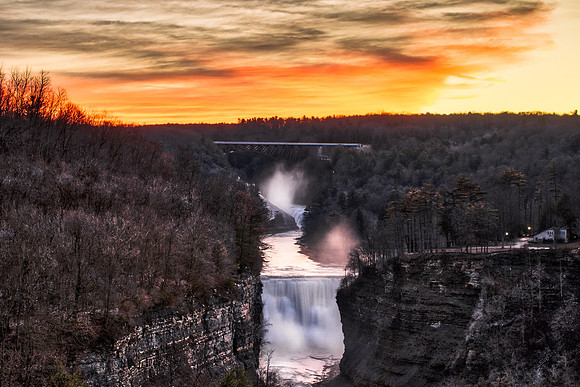 20190104-JAH06276: Sunset over upper and middle falls @ Inspiration Point, Letchworth State Park NY.