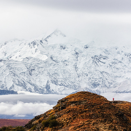 20120904-IMG_3181: A tourist adjusts her camera for a view of Mt Denali, Alaska (square img).