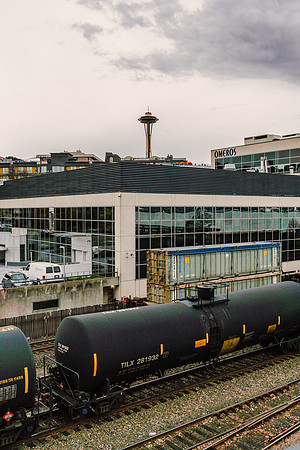 20190415-JAH06924: The Space Needle towers over an industrial area near Myrtle Park in Seattle.