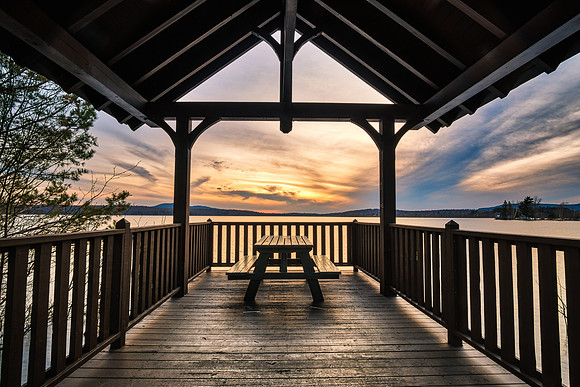 20190430-JAH07181: Lakeside picnic gazebo on Tupper Lake, Adirondacks NY.