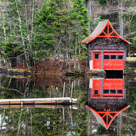 20190502-JAH07587: Red boat house in Old Forge, NY Adirondacks (Square)