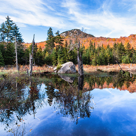 20191008-JAH01952: Peaked Mountain in the backdrop, reflected in a pond along the 13th Lake Trail.