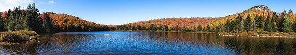 20191008-JAH01707: Wide panorama of Peaked Mountain Pond in the Adirondack mountains of NY.