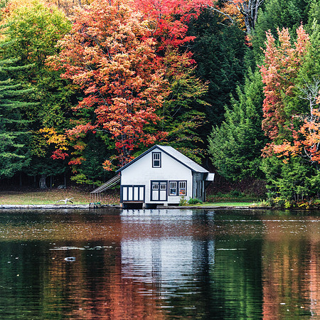 20201003-JAH09713: Boat House in the Fall on Seventh Lake, Inlet NY.